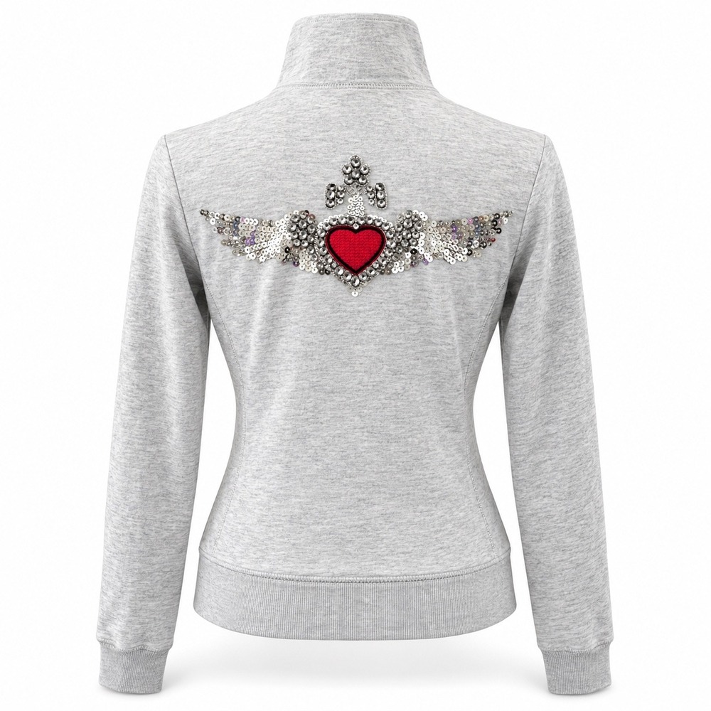 Vintage Y2K Twisted Heart Gray Rhinestone Angel Wing Zip Jacket McBling Glam S